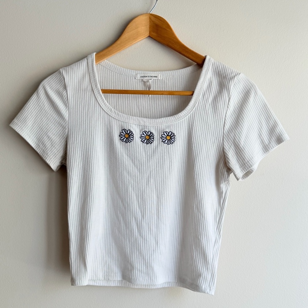 Caution to the Wind White Ribbed Short Sleeve Daisy Embroidered Baby Tee